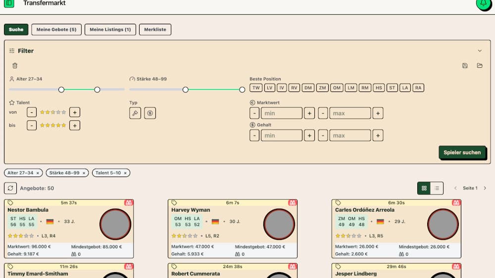 Transfermarkt und Scouting im Fussball Browsergame